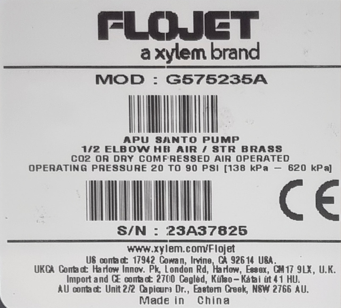 Bomba Flojet G575235 Diafragma Santoprene Conexion Espiga Codo 90° 1/2" 100 Psi