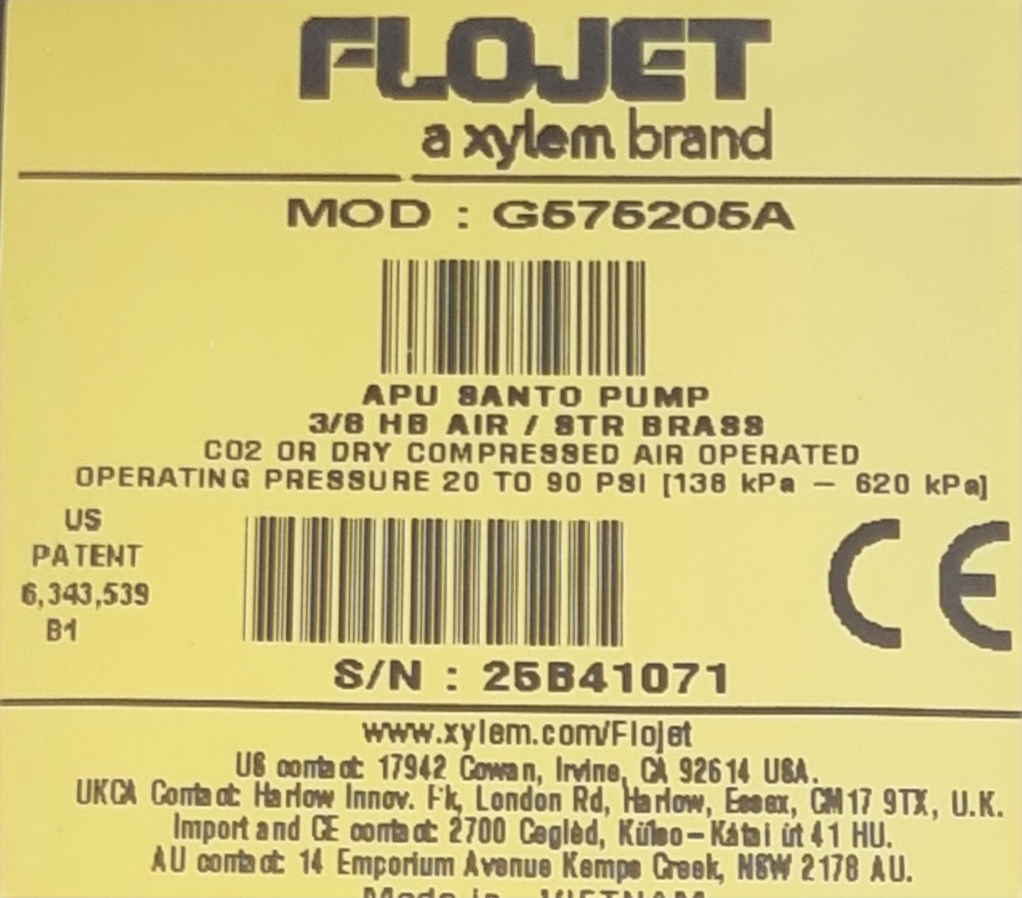 Bomba Flojet G575205 Diafragma Santoprene Conexion Espiga 3/8" 100 Psi